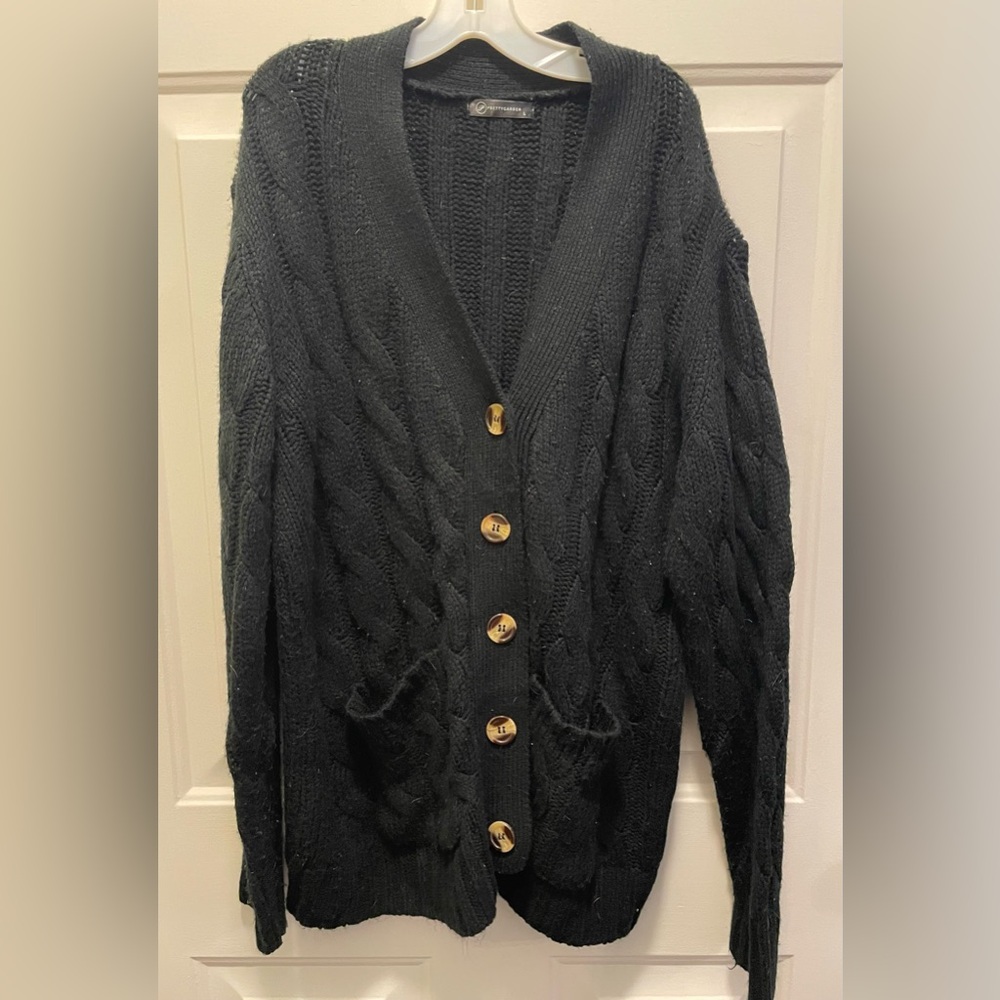Elegant Black Cable Knit Cardigan with Gold Buttons